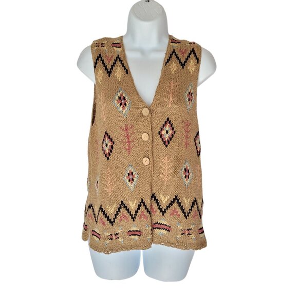 Vintage Northern Isles Knitted Sweater Vest S Beige Geometric Y2K Aztec 3 Button - Picture 1 of 10